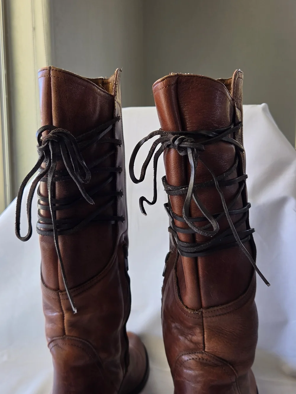 Bravvest Tall Equestrian Cognac Boots Corset Tie Back Fall & Winter Cottagecore